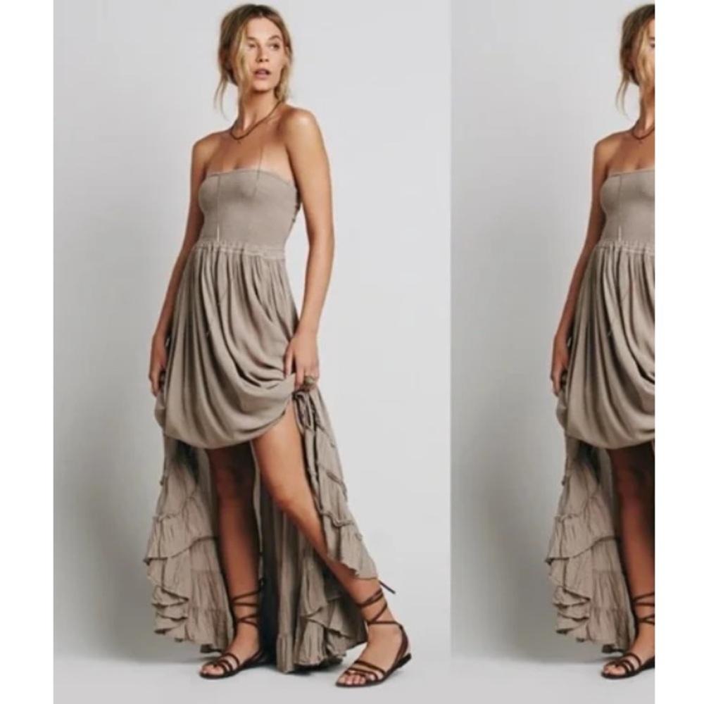Free People Extra Tropical Smocked Halter Taupe Tube Maxi Dress XS
